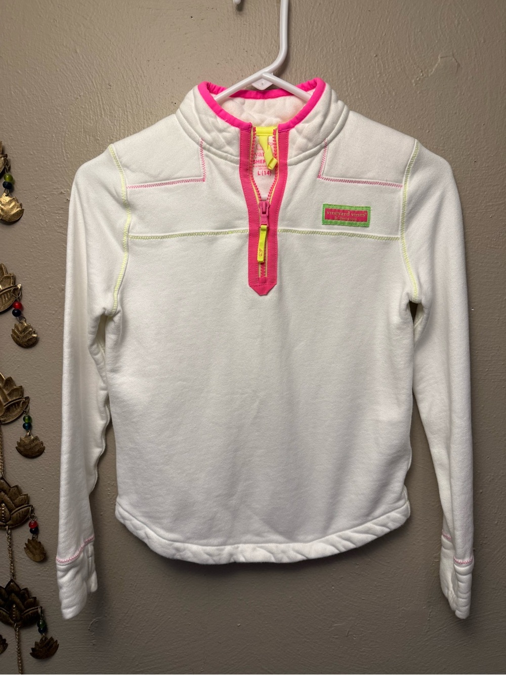 Vineyard Vines Girl’s Quarter Zip The Shep Shirt White Neon Trim Size Large 14